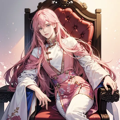 Chinese Men: A beautiful androgynous prince with long pink hair sits elegantly on a chair, holding a delicate rose. His features are finely detailed, with intricately designed eyes that sparkle brightly. The princes skin has a shiny, smooth finish, adding ...