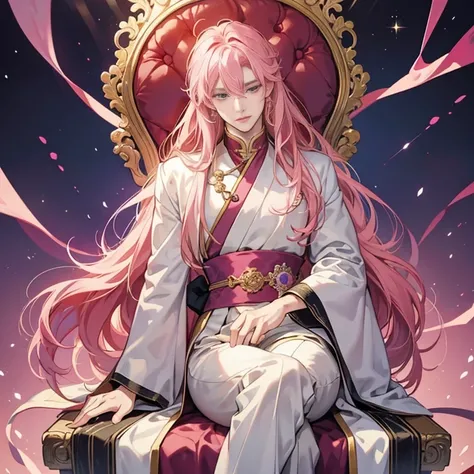 Chinese Men: A beautiful androgynous prince with long pink hair sits elegantly on a chair, holding a delicate rose. His features are finely detailed, with intricately designed eyes that sparkle brightly. The princes skin has a shiny, smooth finish, adding ...