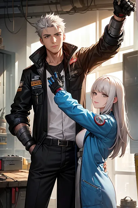 a cybernetically enhanced young man in brown duster jacket with white hair stands alongside a cheerful female mechanic with black hair in a cluttered workshop. They embody the contrast between gritty cyberpunk aesthetics and the warmth of human connection ...