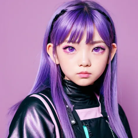 violet hair girl, pink patch on her eye, cyberpunk style, chibi character, acid vibrant colors, a minimal background