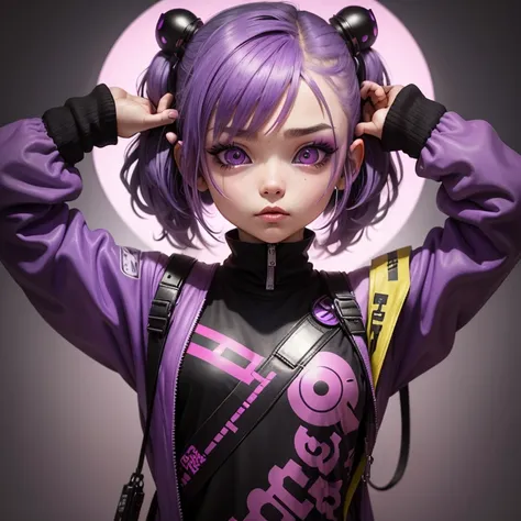 violet hair girl, pink patch on her eye, cyberpunk style, chibi character, acid vibrant colors, a minimal background