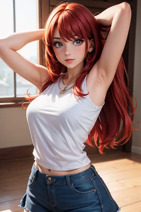 girl,wearing mini skirt,showing armpit,very beautiful face,photorealistic,ultra quality,red hair,close up.