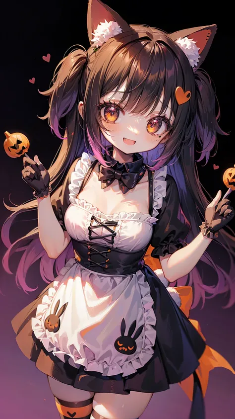 halloween theme, "kawaii, Cute orenge bunny girl in cute smile with teeth and holdinga halloween candy, poser, Adorable girl in orenge, neon orenge black, and baby lime color scheme. She wears halloween-themed clothing. Her outfit is fluffy and soft, With ...