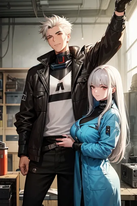 a cybernetically enhanced young man in brown duster jacket with white hair stands alongside a cheerful female mechanic with black hair in a cluttered workshop. They embody the contrast between gritty cyberpunk aesthetics and the warmth of human connection ...