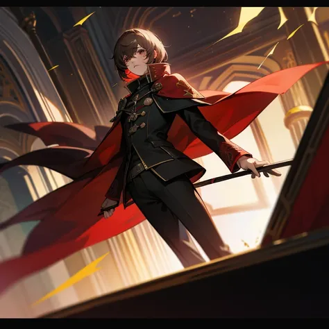 joven, cabello morado, cara de akechi, ojos celestes, en una biblioteca, fantasy pound, final fantasy type-0, traje zero class, ...