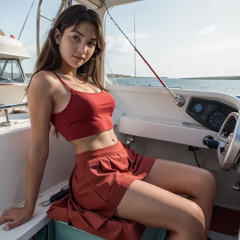 18 year old Cindy,wearing red summerskirt fishing on  boat