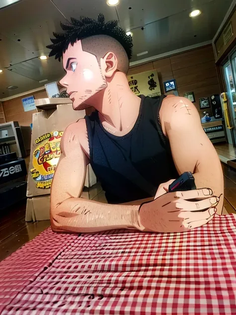 Imagem com o estilo desenho anime, mantendo a fidelidade, com cabelo crespo, moreno 