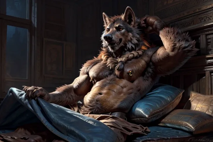 (by taran fiddler:1.4), masterpiece, detailed Bonifasko lighting, [crepuscular ray], best details, real life, depth of field, (bright lighting:1.4), detailed background, nude, solo male, (anthro), (anthro wolf:1.2), werewolf, lupine, (brown fur), (yellow b...