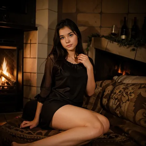 18 year old Cindy,wearing black nightdress sitting by a fireplace drinking wine