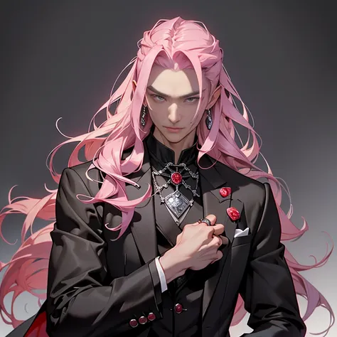 Chinese Male Illustration in Anime Style: Long Pink Hair, Middle-aged Man, Handsome Guy with a Black Rose, Confidently Looking at the Camera, Dracula-like Nobleman, Adorable Young Male with Attractive Masculinity, Dark Space, High-quality Ultra High Resolu...