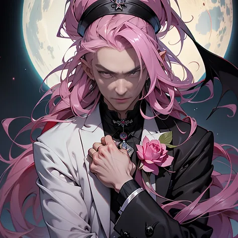 Chinese Male Illustration in Anime Style: Long Pink Hair, Middle-aged Man, Handsome Guy with a Black Rose, Confidently Looking at the Camera, Dracula-like Nobleman, Adorable Young Male with Attractive Masculinity, Dark Space, High-quality Ultra High Resolu...