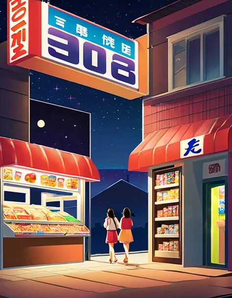 A couple girls going to midnight convenient store to buy some snacks. the store is in alone building in the middle of the night 