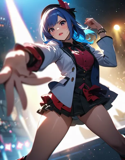 High quality, detailed, girl, K-pop idol, princess, young and beautiful, cinematic light, dramatic light, best quality, 4K UHD, high resolution, mini skirt, red boots, blazer, bracelet, fighting pose, red lips, blue hair, black eyes