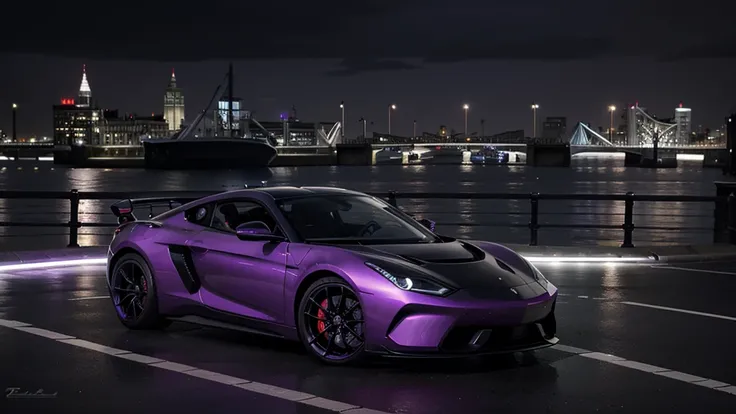 create a modern and sports car in futuer in london use color black and purple.