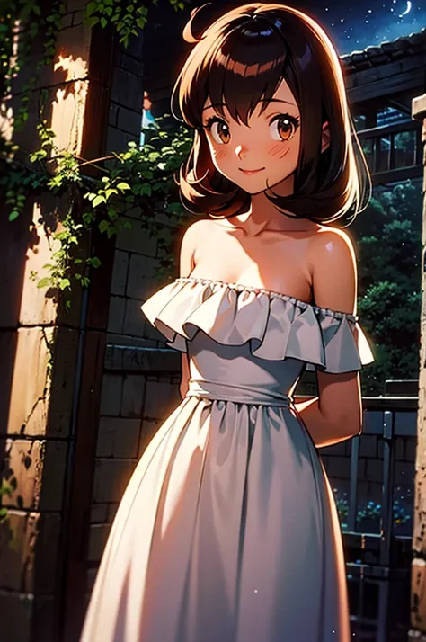 masterpiece, best quality, ultra-detailed, illustration, beautiful detailed eyes, very detailed illustration, cinematic lighting, 1 girl, solo, Pokemon Heroes (Bianca), Brown Hair, brown eyes, bare shoulders, strapless, off shoulders, white ruffle off the ...