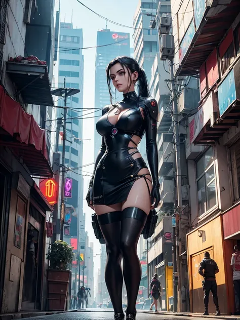 Mulher de 25 anos, com vestido estilo cyberpunk, com fenda, em uma rua de dia a luz do sol. She&#39;s on a cyberpunk street. Corpo inteiro. She has several cybernetic implants throughout her body..
