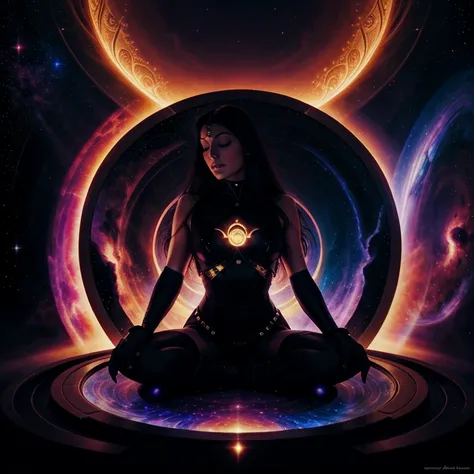  Black Hole goddess sitting in the lotus asana,  Space goddess,  mystical energy aura,portrait, masterpiece, 8k resolution, warp space background, Caza art, digital art