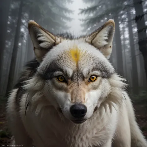 Quadruped animal wolf with white fur with yellow eyes looking straight at the viewer on a foggy forest background at night 