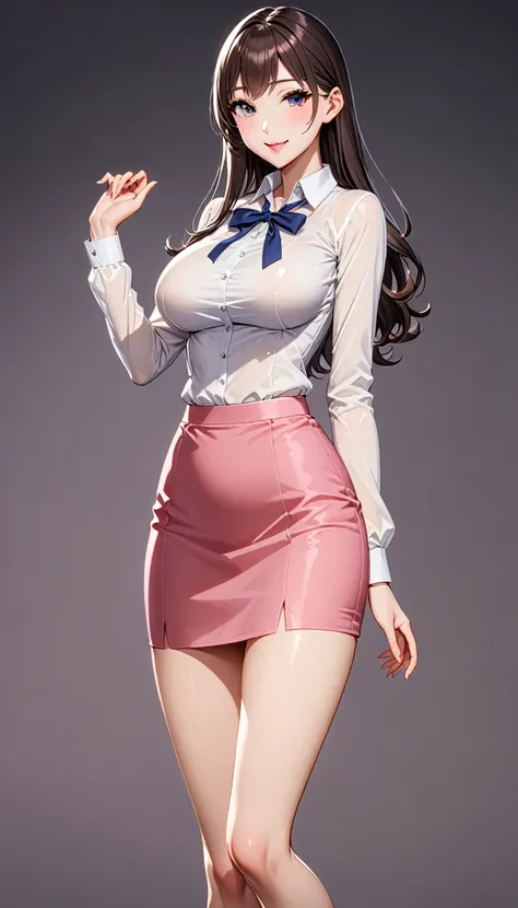 little girl，White shirt top，Pink hip skirt，OL，white collar，Larger bust，Smile，Exquisite and beautiful face，thin legs，tight skirt，Real human skin，high school girls，whole body像， Excellent breasts， Superb figure， black， Transparent，whole body，stockings，