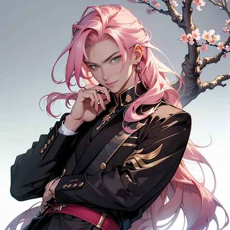 Chinese male illustration in an anime style, featuring a handsome guy with long pink hair blowing gently in the middle wind. His expressive eyes are as dark as a rose, framed by a cool tuxedo that suits him perfectly. Leaning confidently against a wall, he...