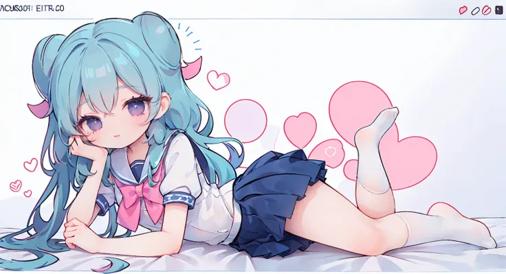 masterpiece, best quality, high resolution, aabeta, double, white simple background, standing, slim waist, cute, sailor uniform, pink bow tie, blue skirt, long socks, (PastelColors: 1.3), full body, lying on your stomach, moving your legs up