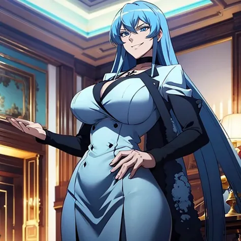 1 girl with long blue hair, blue eyes, blue eyelashes, black suit, big breasts, smiling, in a luxurious mansion, standing, evening style