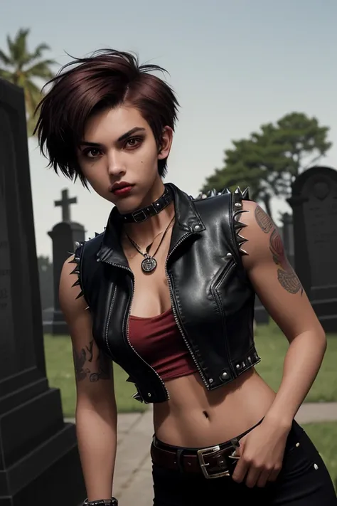 20-year-old girl, short brown punk hair, spiked Latin skin, slim muscular complexion, black leather vest, red shirt, black jeans, looking straight at the viewer in the background of a cemetery, black belt with a vampire-shaped buckle, Arcane Medallion 