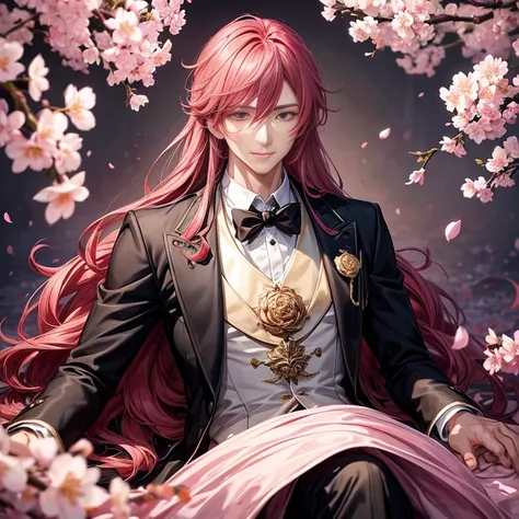 Black Rose: A Chinese Male Anime Illustration: In the heart of a mysteriously lit, 8K output image, a handsome gentleman with long flowing pink hair stands confidently. He dons a cool tuxedo, the gold accents gleaming even in the dim room. In one hand, he ...