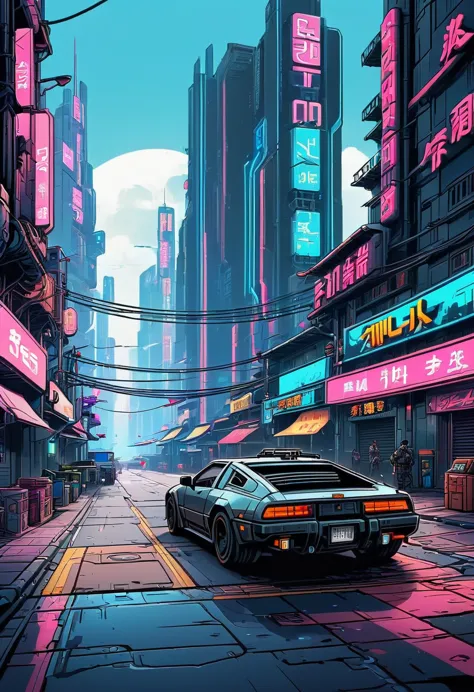 cyberpunk street, side view, 2d game style, pixel art style, cool vendors, roads and cars,