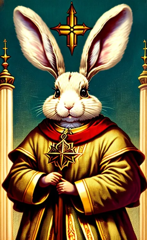 Der Hierophant (Papst)(("Ein kluger Hase im Ordensgewand)), holds a staff with divine symbols, Instructions for younger rabbits. Eine gruselige Kathedrale bildet die Kulisse."