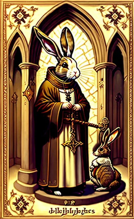 Der Hierophant (Papst)(("Ein kluger Hase im Ordensgewand)), holds a staff with divine symbols, Instructions for younger rabbits. Eine gruselige Kathedrale bildet die Kulisse."