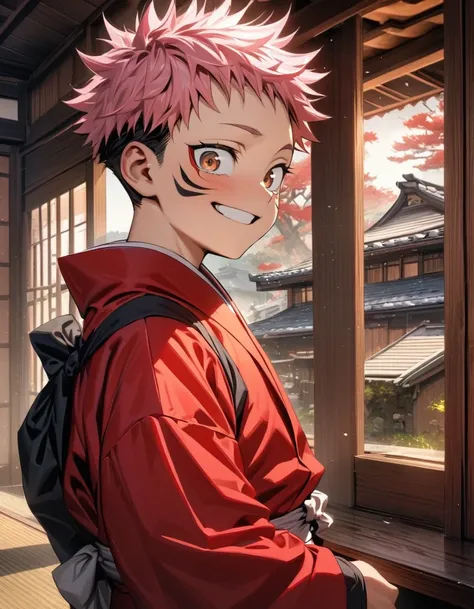 absurdres, highres, ultra detailed, HDR, master piece, best quality, Itadori Yuji, pink hair, expressive brown eyes, solo, little boy, cute, happy, red kimono, Jujutsu kaisen, inside a Japanese traditional house, extremely detailed face and eyes 