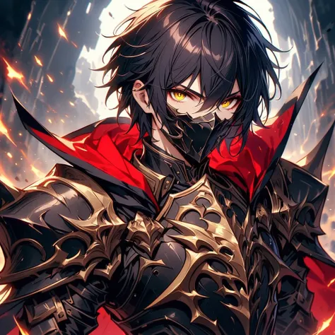 masterpiece, best quality, 1man, adult, male focus, solo, medium black hair, vibrant yellow eyes, mask, gloves, hair between eyes, looking at viewer, cape, High quality metal texture, semi metal armor, closed mouth, black metallic gloves, upper body, bangs...