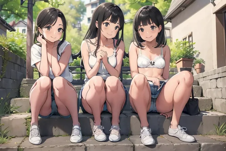 Four happy girls were sitting on the stone steps, Takamichi Style、Take a full body photo、laugh happily、lift your shirt、bra、denim mini skirt、blush、sneakers, black hair, detached houses, flowers,happy girl with round face, Big eyes, long eyelashes, full body...