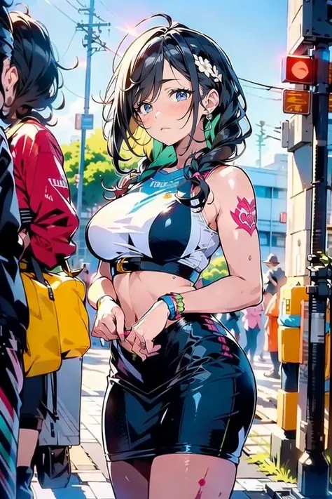 Extraordinary lustration, plano de fundo, misturado-Idioma_Texto, letras japonesas em graffit ,::Estilo Yoji Shinkawa ::2.0 comix illustration style,estilo de tatuagem, Estilo de quadrinhos,lindo woman with long hair rosa degradê ultra detailed, (fundo bon...