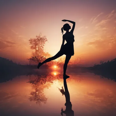 (masterpiece, best quality:1.2), 1girl, solo,standing_split, 
Silhouette Art of 1girl, multiple exposure, sunset, enhance, intricate, (best quality, masterpiece, Representative work, official art, Professional, unity 8k wallpaper:1.3)