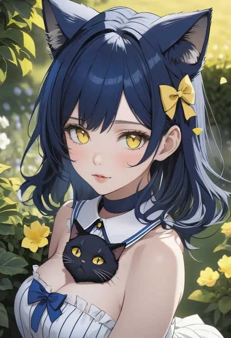 beautiful girl, dark blue hair, yellow eyes, cat ears, wearing a white dress with blue stripes, black collar, naked shoulders, bowtie, in the garden, high quality, detailed face, upper-body shot, soft lighting