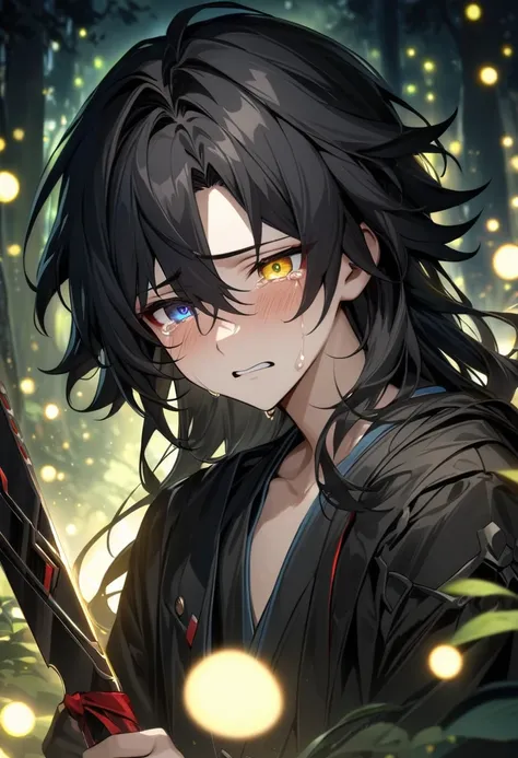 absurdres, highres, ultra detailed, HDR, master piece, best quality, Blade, black long hair, heterochromia, left eye red, right eye yellow, solo, 1young boy, black kimono, magical forest, fireflies, Honkai star rail, sad expression, crying, tears, extremel...