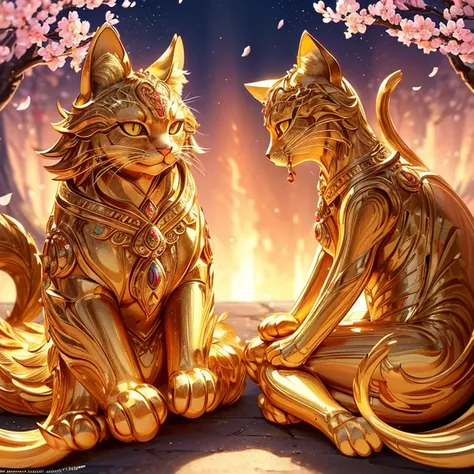 Close-up of a golden cat statue on a light background, its golden aura radiant and shining, clad in intricately detailed golden cat armor, anthropomorphic feline deity, adored as the god of cats, Trending on Adobe Stock, emitting a warm, inviting golden li...