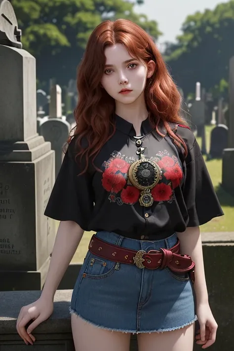 20 year old girl wavy reddish brown hair short red sleeveless blouse with black flower print short denim skirt looking straight at the viewer in the background of a cemetery black belt with skull-shaped buckle Arcane medallion 