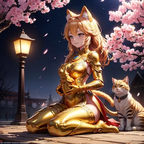 Close-up of a golden cat statue on a light background, its golden aura radiant and shining, clad in intricately detailed golden cat armor, anthropomorphic feline deity, adored as the god of cats, Trending on Adobe Stock, emitting a warm, inviting golden li...