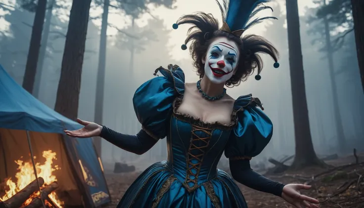 Commercial photography of a beautiful woman clown with mouth opened wide in a pine forest with a circus tent in the background and a camp fire (foggy:1.2), silhouetted in soft shadow, clowns hiding behind trees peaking their heads out to spy on us. (photog...