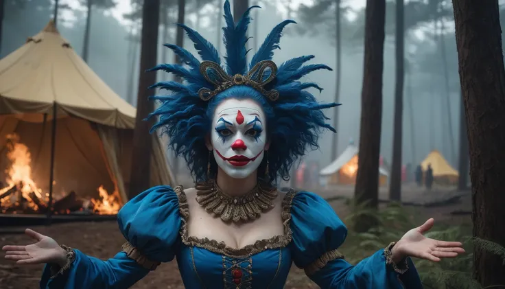 Commercial photography of a beautiful woman clown with mouth opened wide in a pine forest with a circus tent in the background and a camp fire (foggy:1.2), silhouetted in soft shadow, clowns hiding behind trees peaking their heads out to spy on us. (photog...