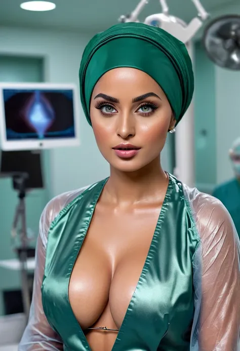 (muste piece, highest quality)((8k)),full body ,colored tattoo,super detailed, Doctor surgeon,muslem girl,arab girl ,blue eyes ,photorealistic,dark bronze shiny skin,beautiful female model,(( surgeon,Surgical green gown,  blouse,arabic traditional dress,tr...