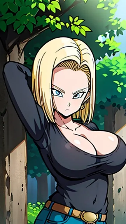 masterpiece, detailed face, 
android 18,  buu saga, , 1girl, solo, looking at viewer, short hair, blue eyes, blonde hair, collarbone, 
field, trees,((huge tits:1.2)),cleavage, forest, upper body, lying on field, hovering, 
midair, 
black shirt, long sleeve...