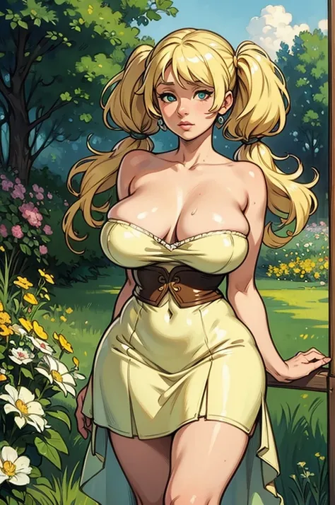 beautiful women With Blonde Hair, Big Eyes, Adorable Features, Natural Hourglass Figure, Wearing Pigtails, Fair Skin, And A Low-Cut/Tight Top With A Mini Skirt, Resembling The Beauty Of Alphonse Muchas Artwork And Impressionist Paintings By Artists Like Ko...