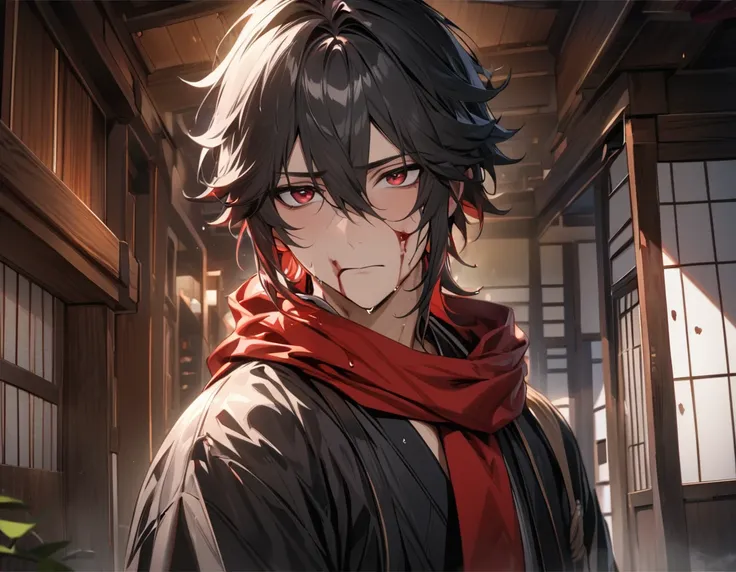 absurdres, highres, ultra detailed, HDR, master piece, best quality, Hizen Tadahiro, Gemini hair, left half red hair, right half black hair, hair between the eyes, expressive red eyes, solo, 1man, handsome, black kimono, red scarf, face and clothes stained...