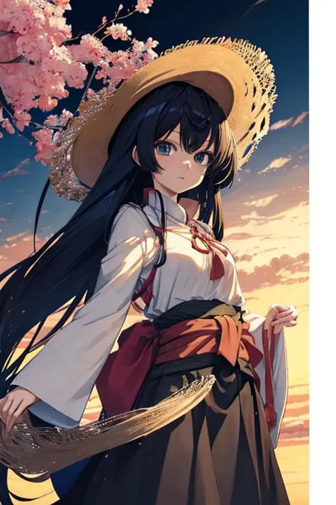 Anime girl with long black hair wearing a straw hat, 4K anime style, Beautiful anime picture, Anime mo art style, Anime art wallpaper 4k, Anime art wallpaper 4k, High quality anime art style, Anime style image, Strong, artwork in the style of Strong, Detai...