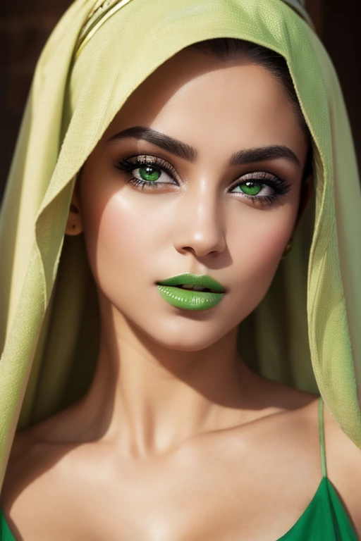 Beautiful arabian girl, cinematic style,8k resolution, soft lighting, detailed skin, short hair, super detailed eyes, green lips, nose, revealing mouth, realistic details, blonde hair, short sundress