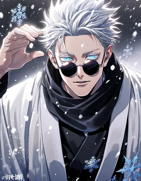 absurdres, highres, ultra detailed, HDR, master piece, best quality, Gojo Satoru, white hair, round black sunglasses, white eyelashes, expressive blue eyes, 1man, handsome, Jujutsu Kaisen, white haori, black kimono, black scarf, snow, snowflakes, snowing 